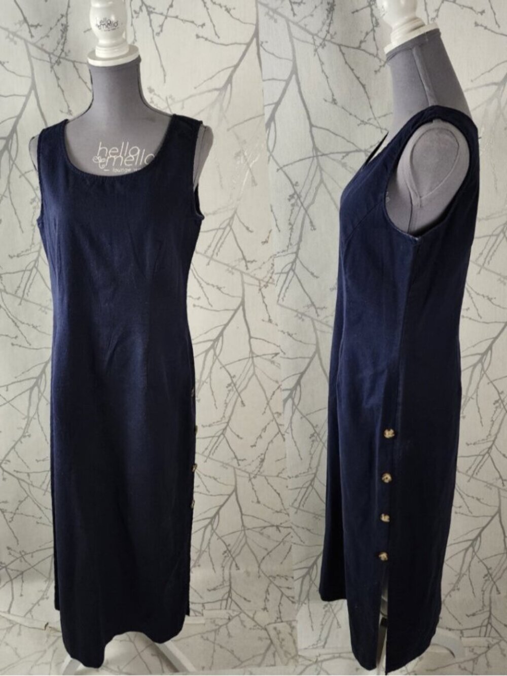 Style My Way Navy Cotton Linen Round Neck Button Long Dress
